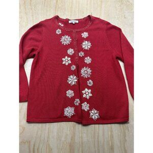 Coldwater Creek Christmas Holiday Sweater 2X Embroidery Sequin Snow Red Cardigan